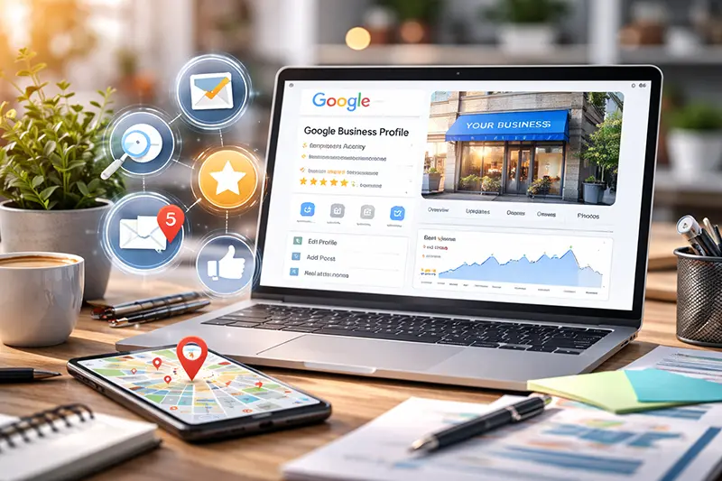 google business profile optimization for local SEO showing business listing management and local search visibility
