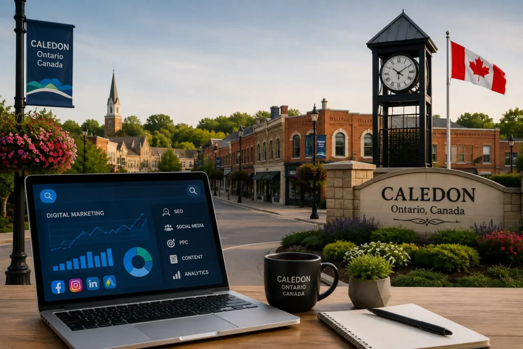 Digital marketing workspace with analytics dashboard in Caledon