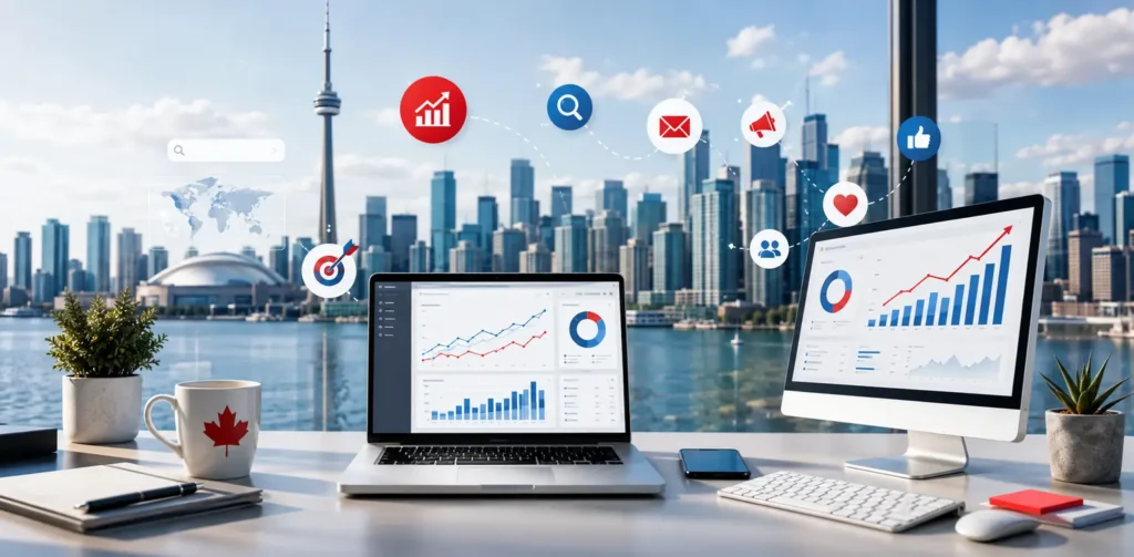 Digital marketing agency in Ontario providing SEO, social media, paid advertising, content marketing, and analytics services.