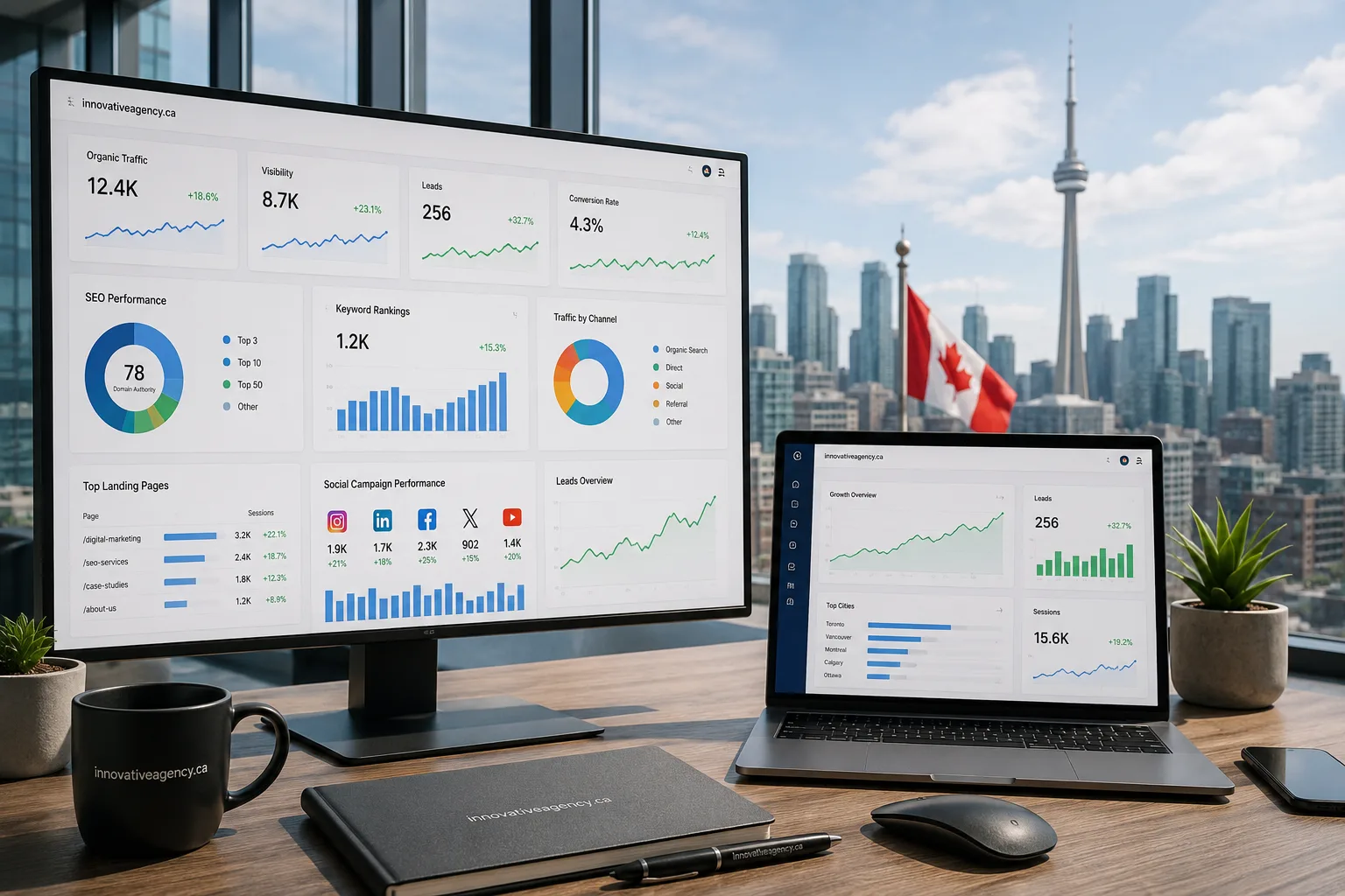 Digital marketing performance dashboard showing website traffic, SEO rankings, leads, conversions, and campaign results.