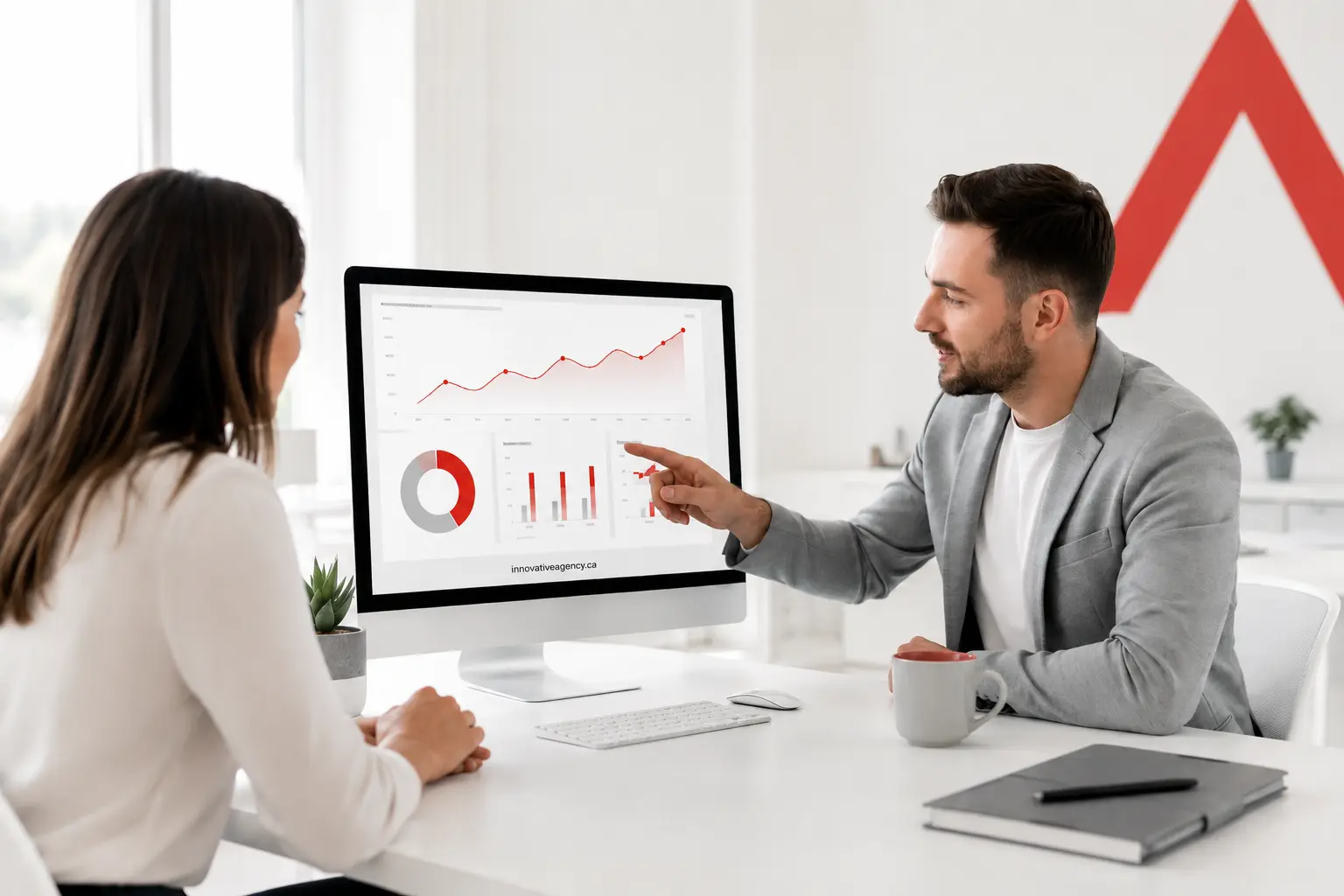Digital marketing professionals discussing online growth strategies with a business client
